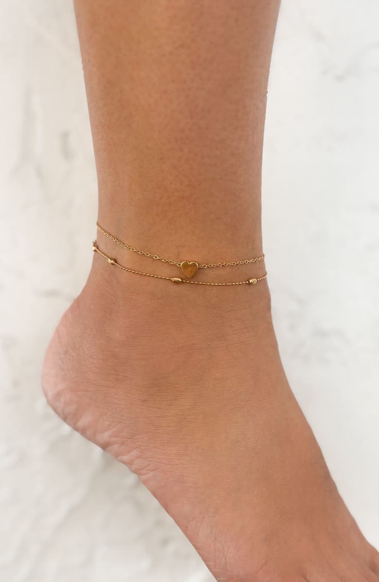 Adornia Set of 2 Heart & Station Chain Anklets, Alternate, color, Gold