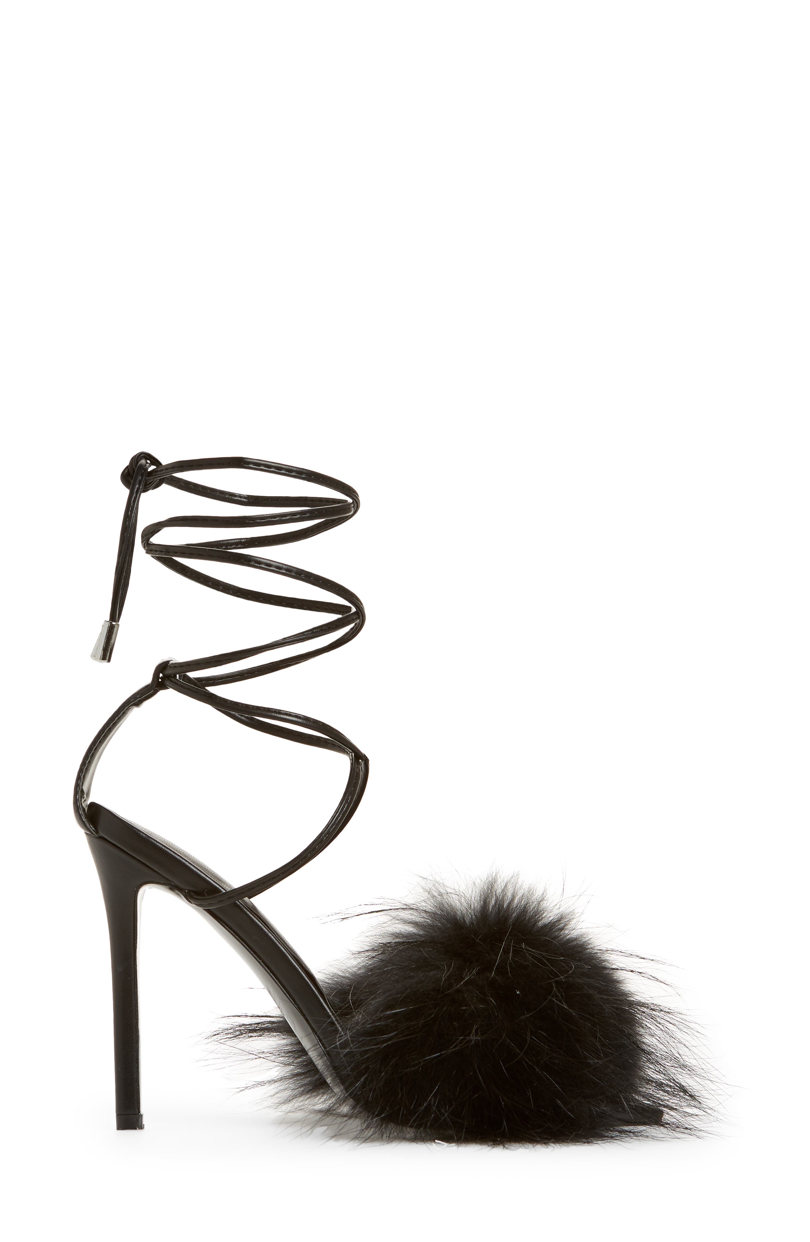 AZALEA WANG Bunny Faux Feather Ankle Wrap Sandal, Alternate, color, 