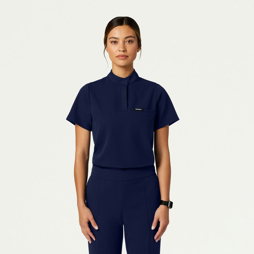 Jaanuu 1-pocket Classic Banded Collar Scrub Top In Blue