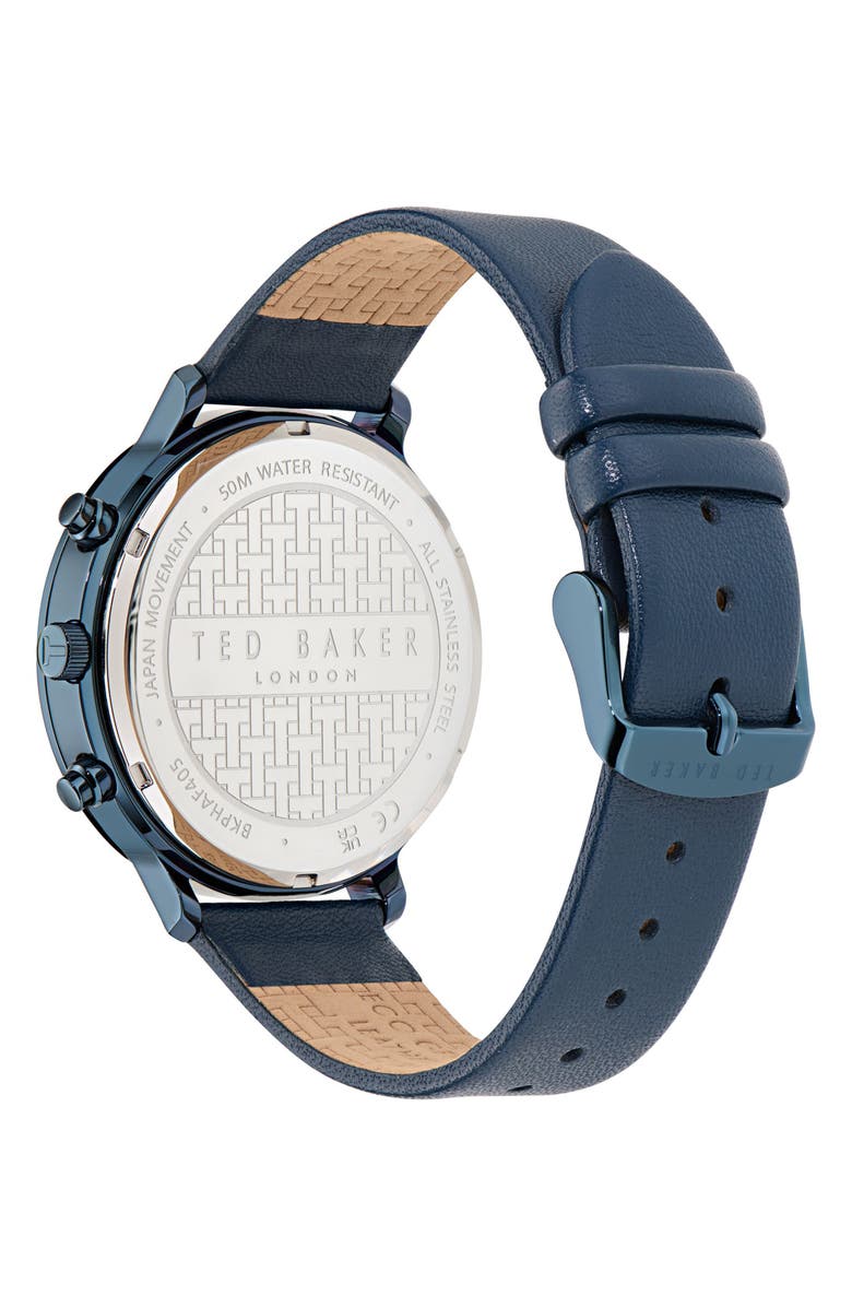 Ted Baker Haarvin Chronograph Leather Strap Watch, 44mm, Alternate, color, Blue