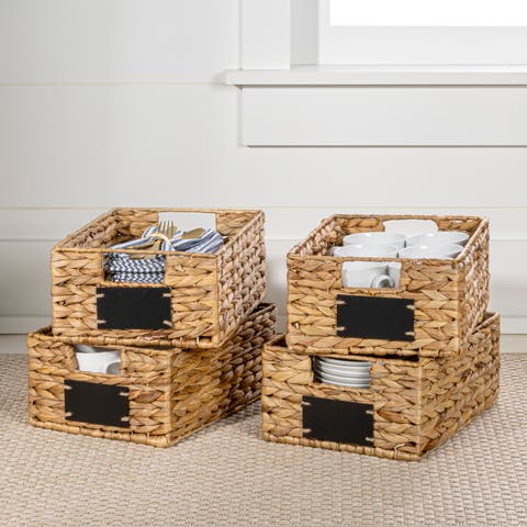 Lane Classic Farmhouse Hand-Woven Hyacinth Pantry Baskets with Chalkboard Labels and Handles