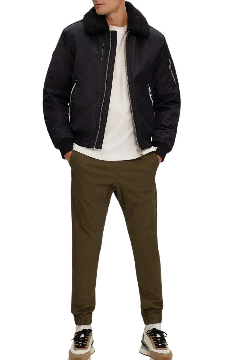 Noize Brian Faux Shearling Collar Water Resistant Short Bomber Jacket, Alternate, color, Black