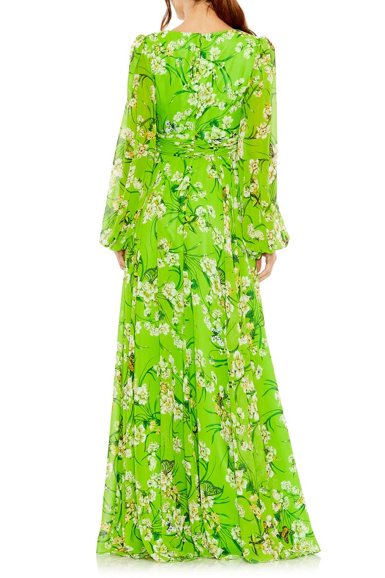 Puff Sleeve Floral Chiffon Gown, Alternate, color, GREEN MULTI