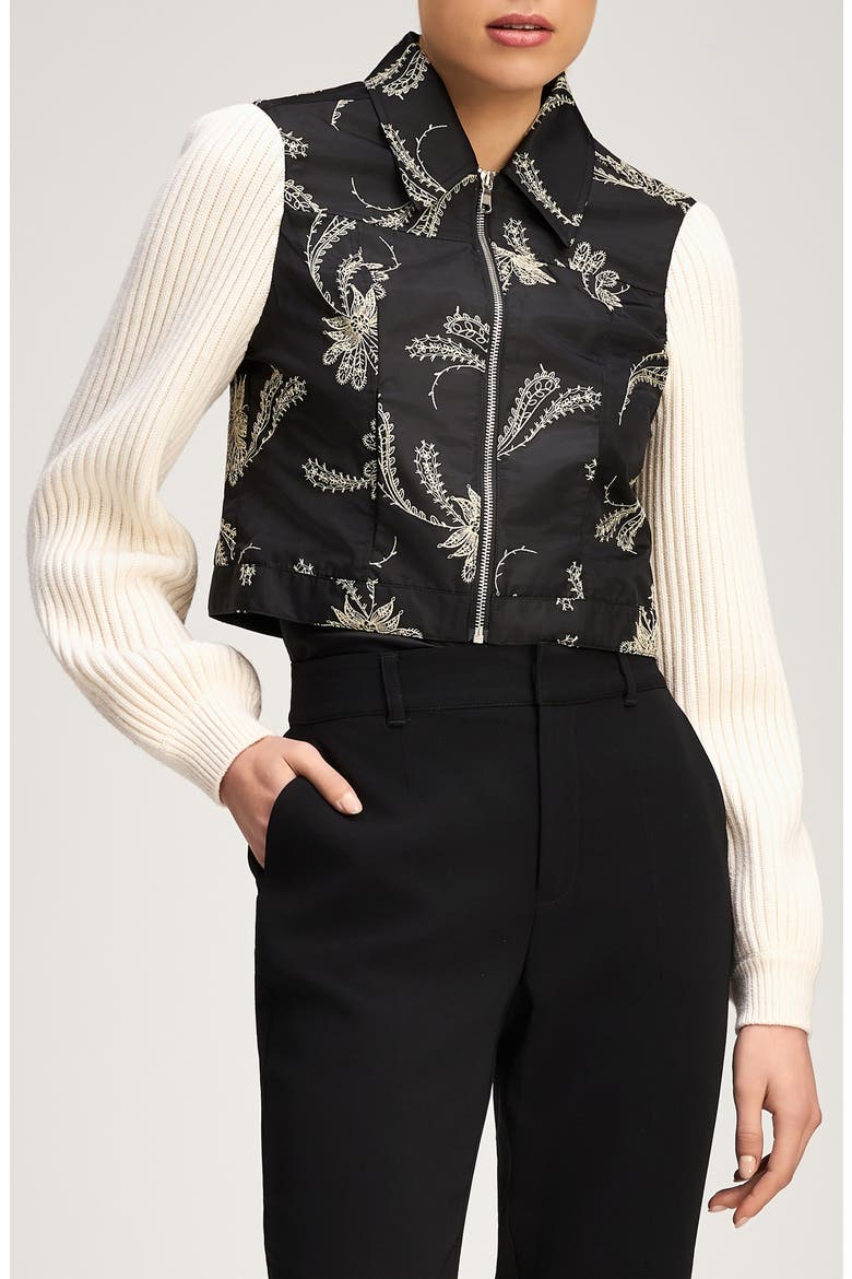 Ciara Paisley Fan Zip Front Jacket, Main, color, BLACK/ GARDENIA