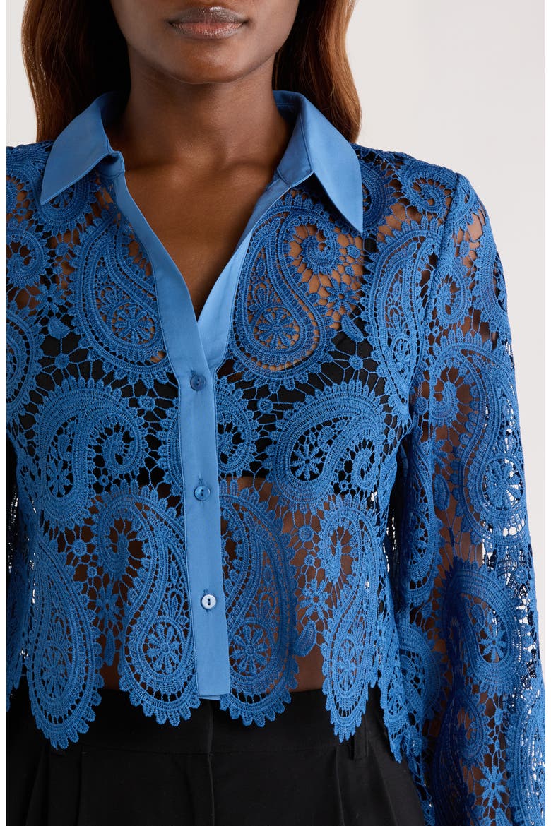 Odelia Lace Crop Button-Up Shirt, Alternate, color, BAY BLUE