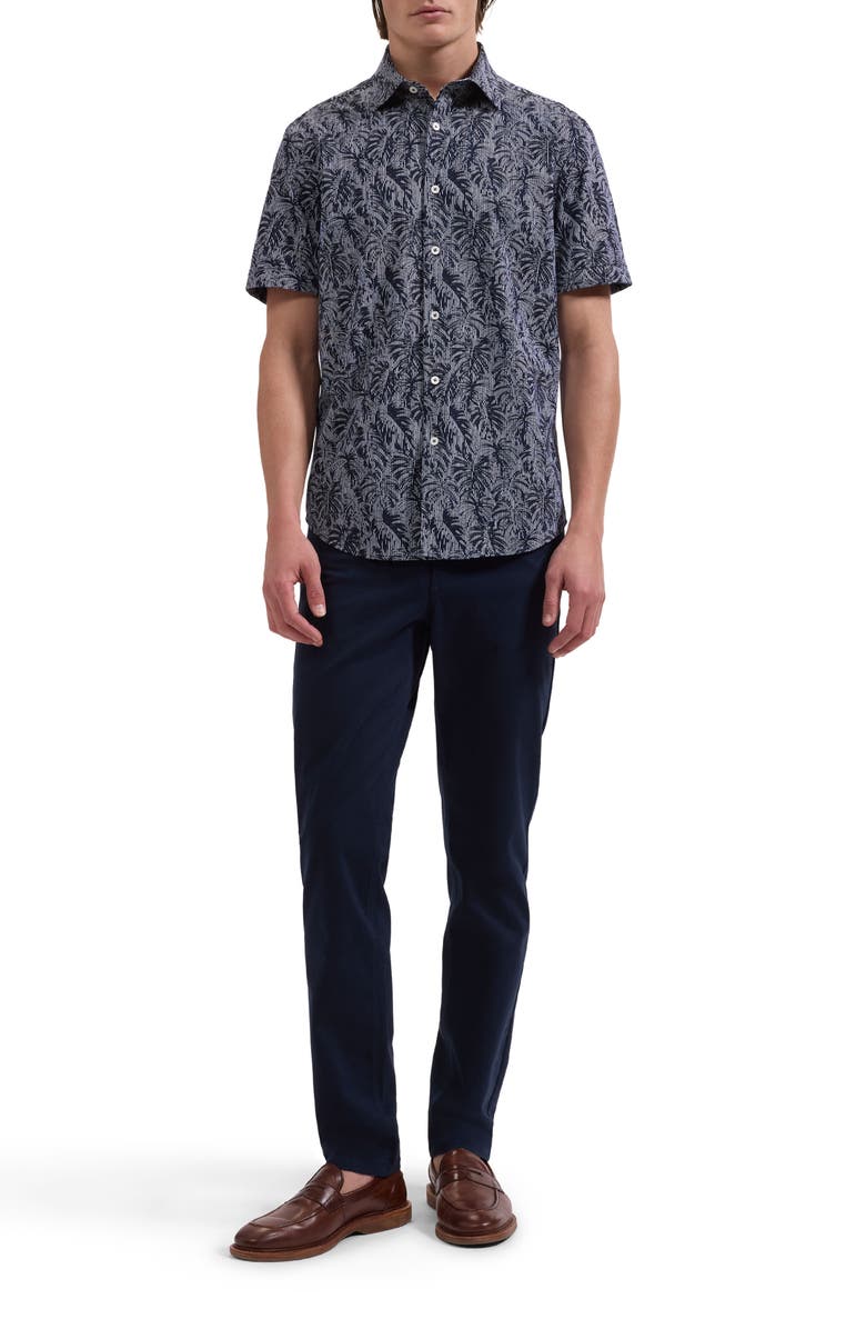 Bugatchi Miles OoohCotton<sup>®</sup> Palm Leaf Print Short Sleeve Button-Up Shirt, Alternate, color, Navy