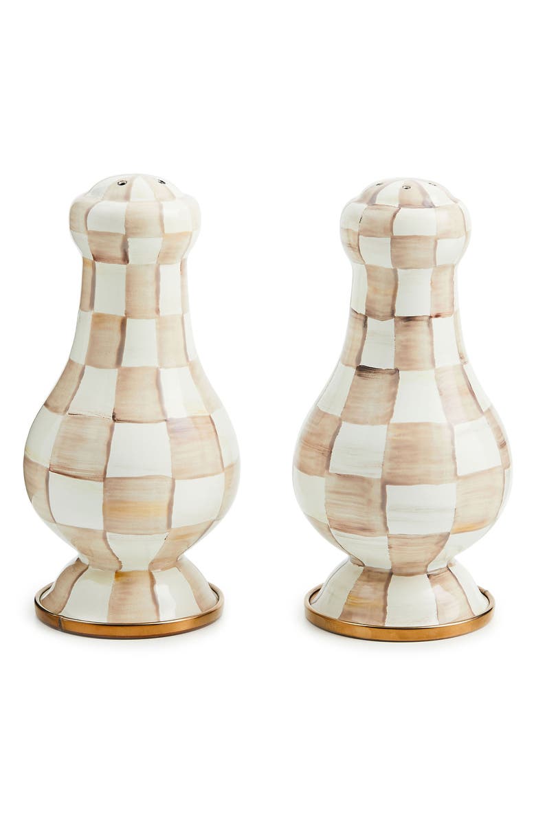 MACKENZIE CHILDS Mocha Check Enamel Large Salt & Pepper Shaker Set, Main, color, Mocha