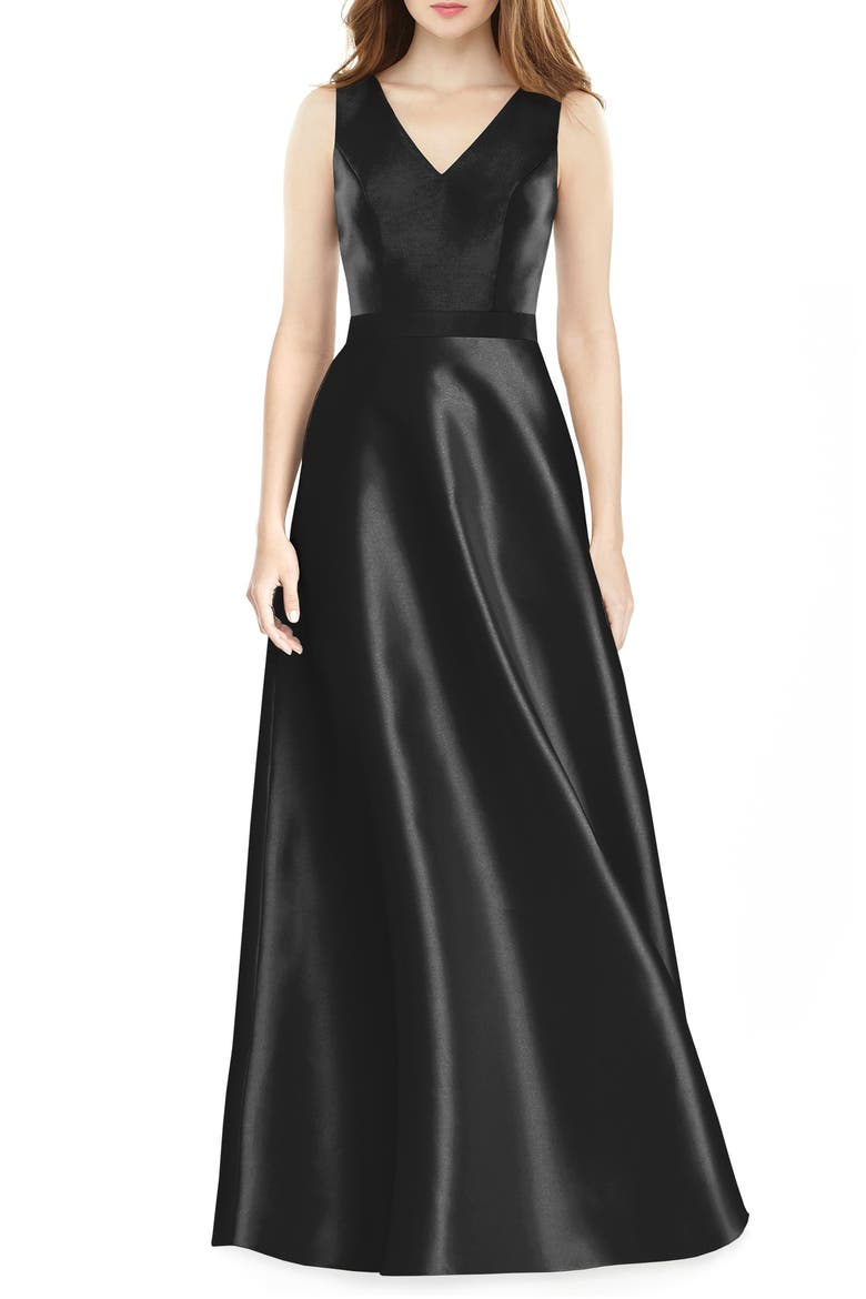 V-Neck Satin Twill A-Line Gown, Main, color, BLACK