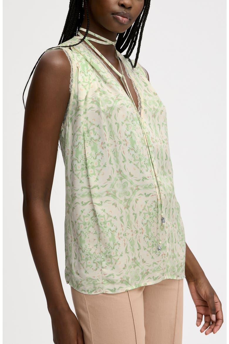 Floral Lace Trim Tie Neck Top, Main, color, WILLOW GEO FLORAL SCARF