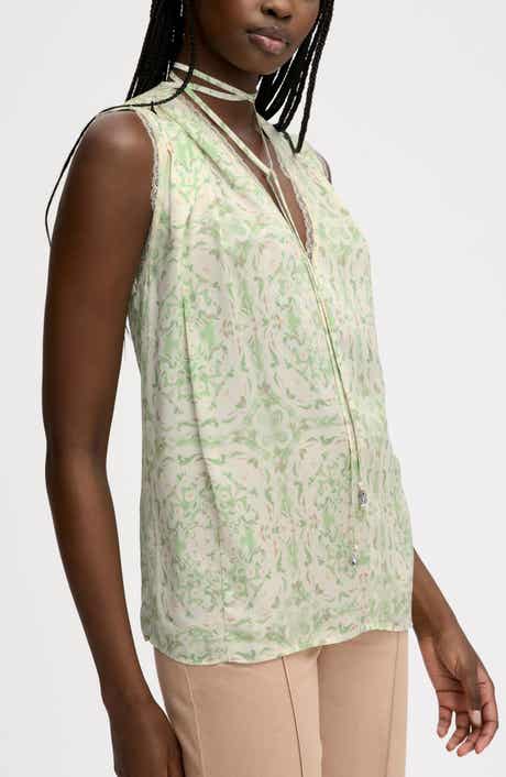 Floral Lace Trim Tie Neck Top