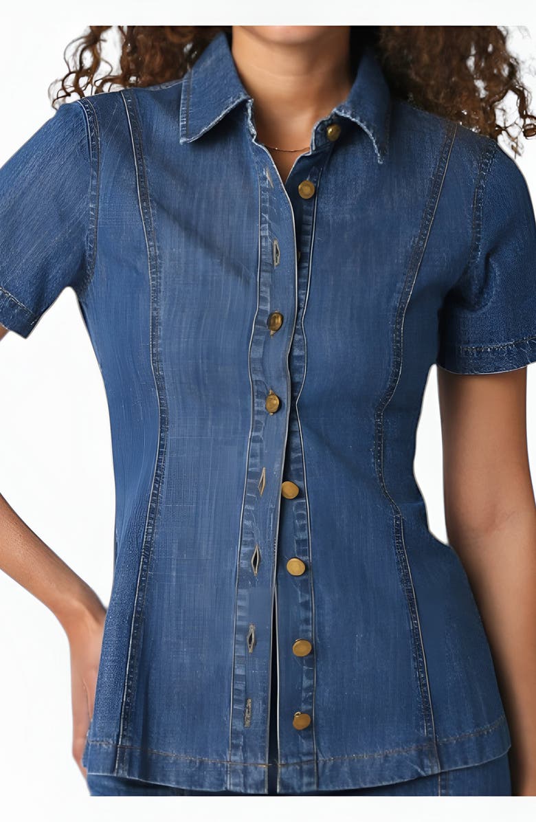 Modenaire Fitted Denim Short-Sleeve Button-Front Shirt, Alternate, color, Denim Blue