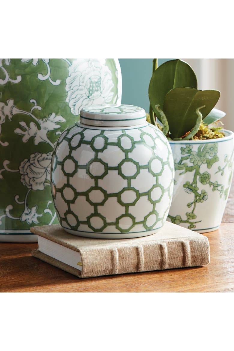 5.5" Imperial Link Chinoiserie Green & White Porcelain Lidded Jar Accent Piece, Alternate, color, Green