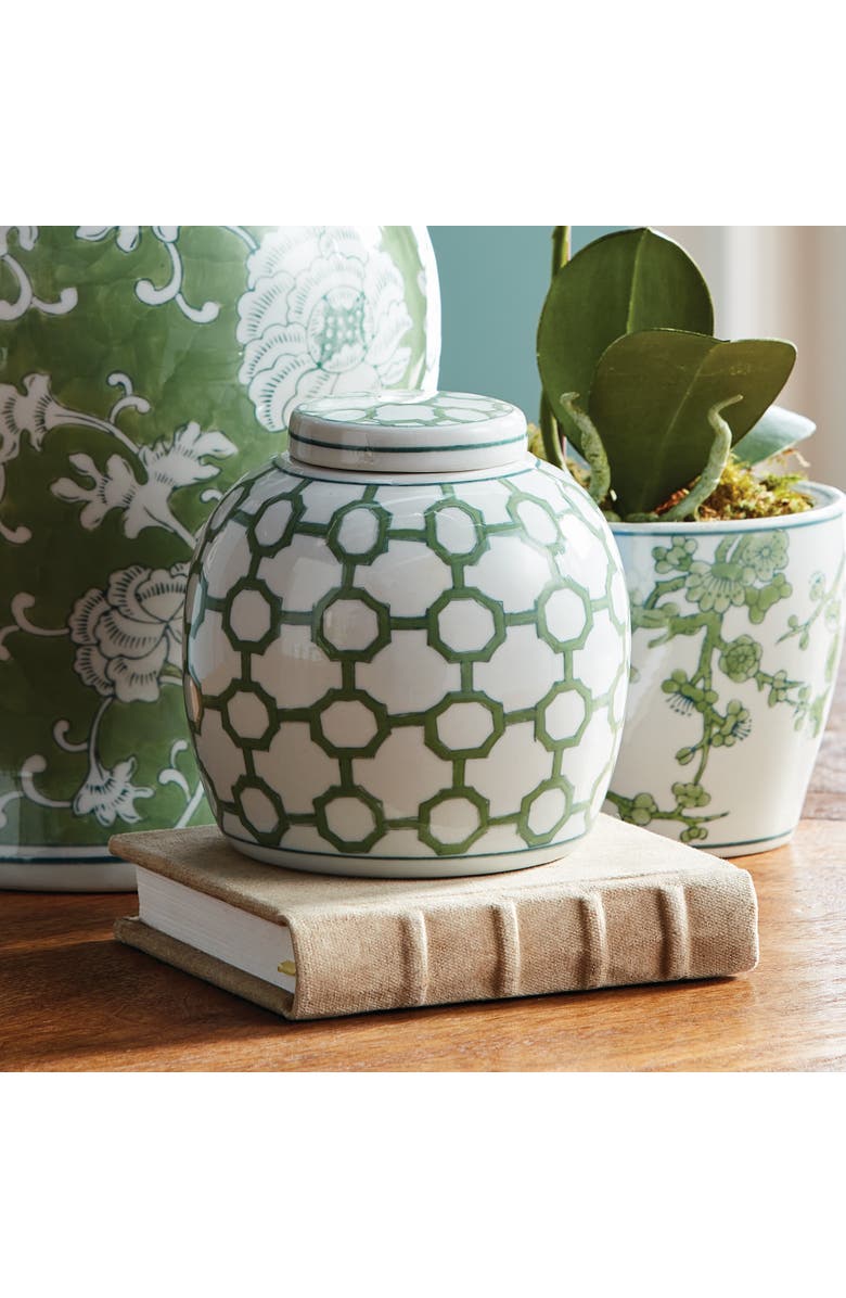 Napa Home & Garden 5.5" Imperial Link Chinoiserie Green & White Porcelain Lidded Jar Accent Piece, Alternate, color, Green