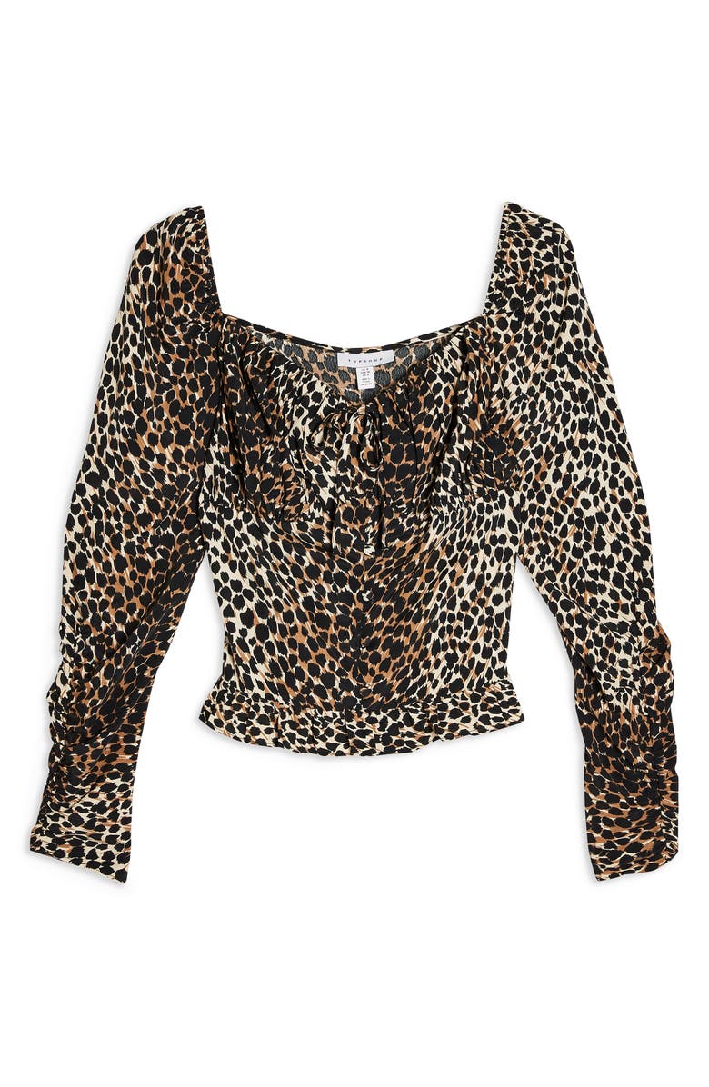 Topshop Leopard Ruched Prairie Blouse, Alternate, color, 