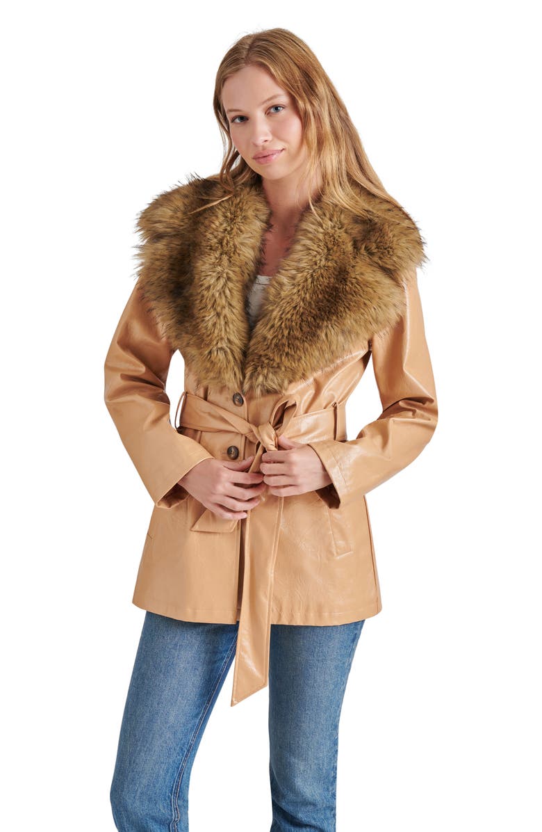 Steve Madden Bowery Faux Fur and Faux Leather Belted Jacket, Alternate, color, 