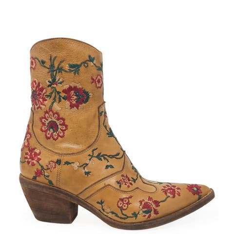 Leather Embroidered Ankle Boot