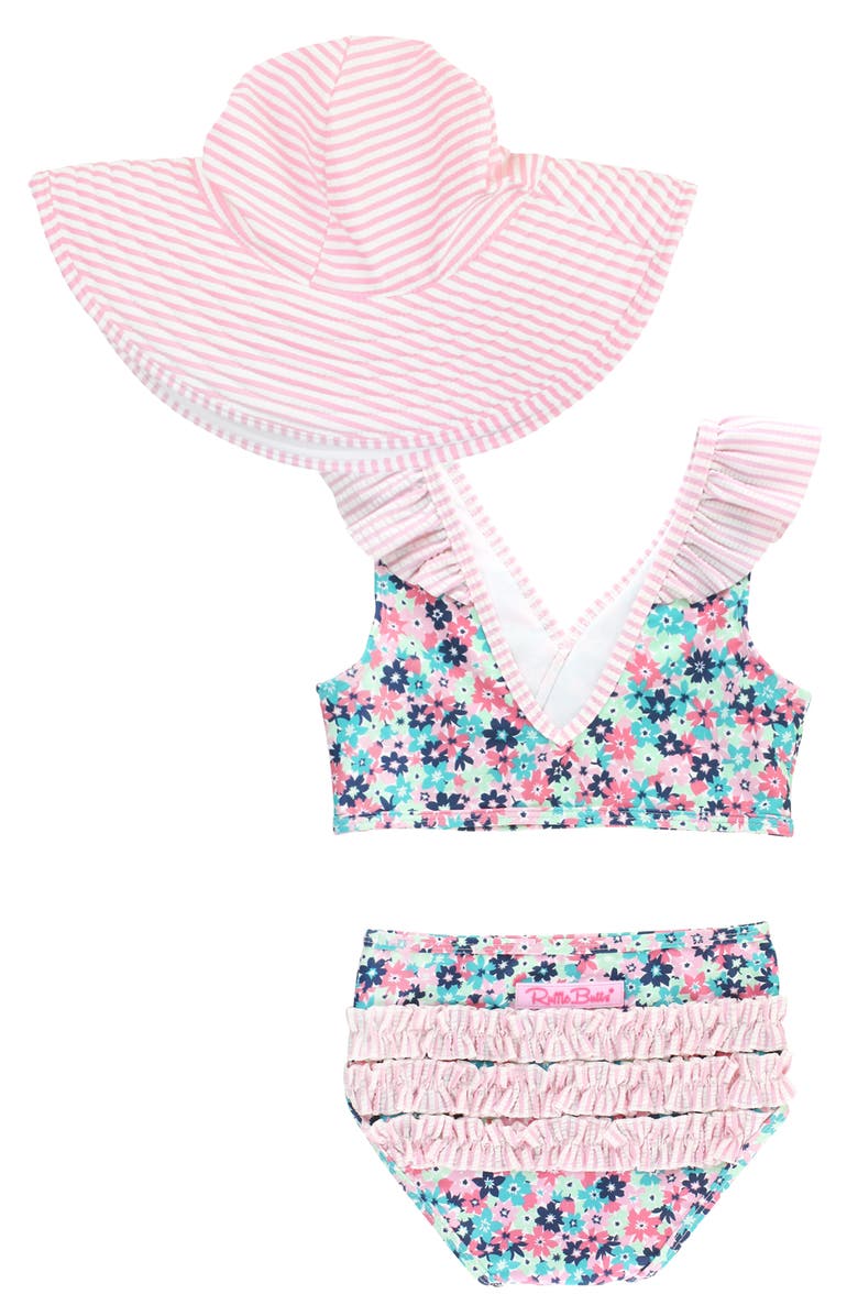 RuffleButts Water Lilies Two-Piece Swimsuit & Hat Set, Alternate, color,