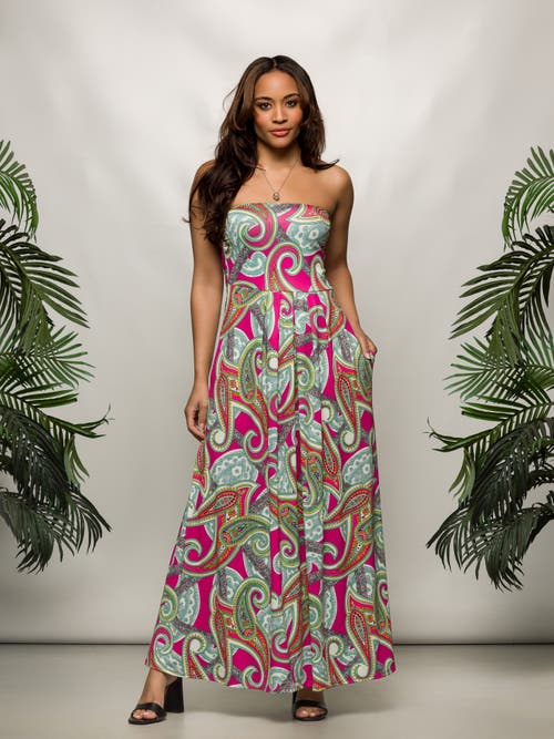 24seven Comfort Apparel Maternity Pink Paisley A-line Strapless Maxi Dress With Pockets In Multi