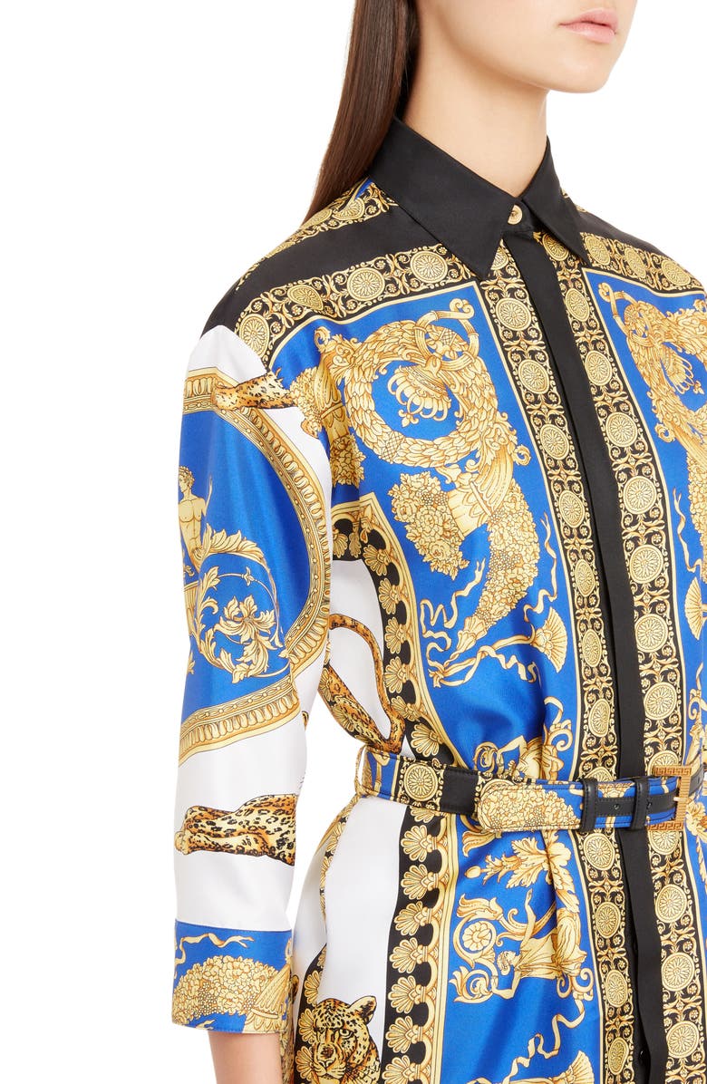 Versace Baroque Leopard Print Belted Silk Shirtdress, Alternate, color, 