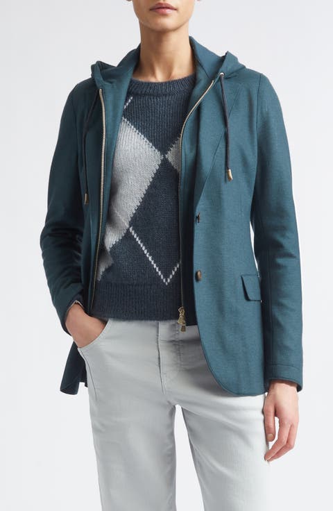 Raw Edge Wool Blend Jacket with Removable Hooded Dickey