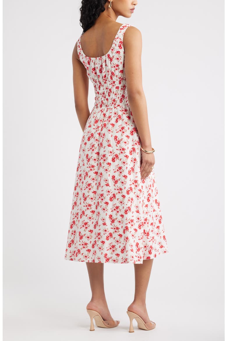 Smocked Waist Midi Dress, Alternate, color, IVORY- PINK SOFT HIBISCUS
