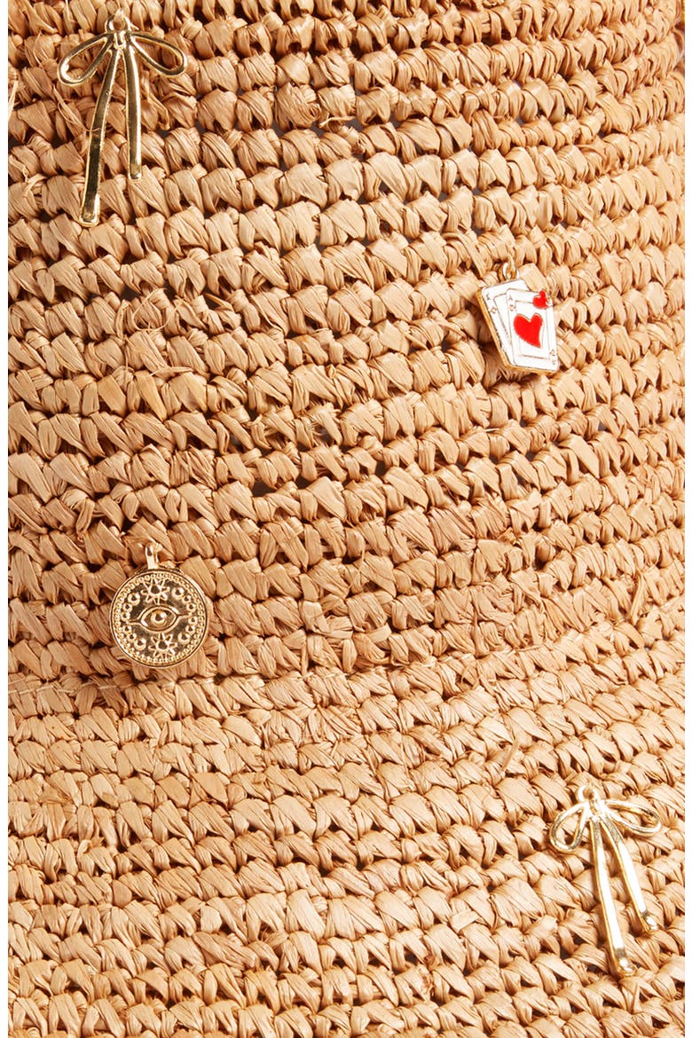 Charm Embellished Raffia Bucket Hat, Alternate, color, TAN