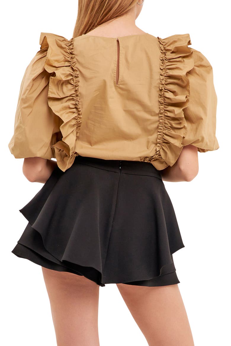 Double Ruffle Puff Sleeve Cotton Blouse, Alternate, color, TAWNY