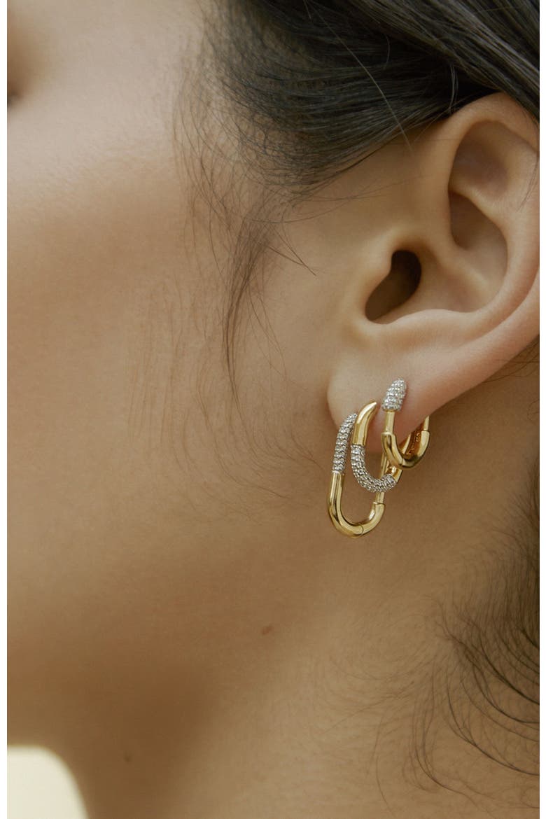 14kt Gold Vermeil Small Demi-Pavé Staple Hoop Earrings, Alternate, color, Yellow Toned Gold