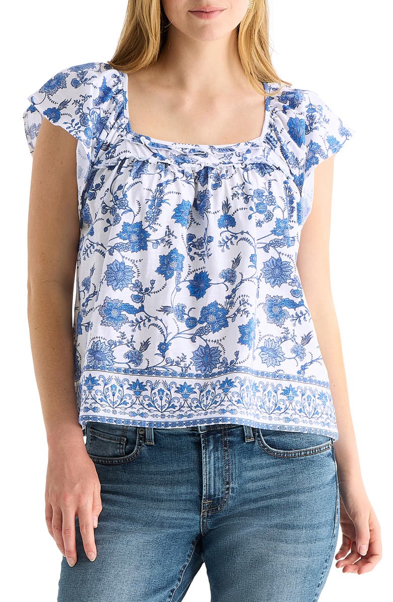 Lucky Brand Mix Media Ruffle Top, Main, color, Blue Multi