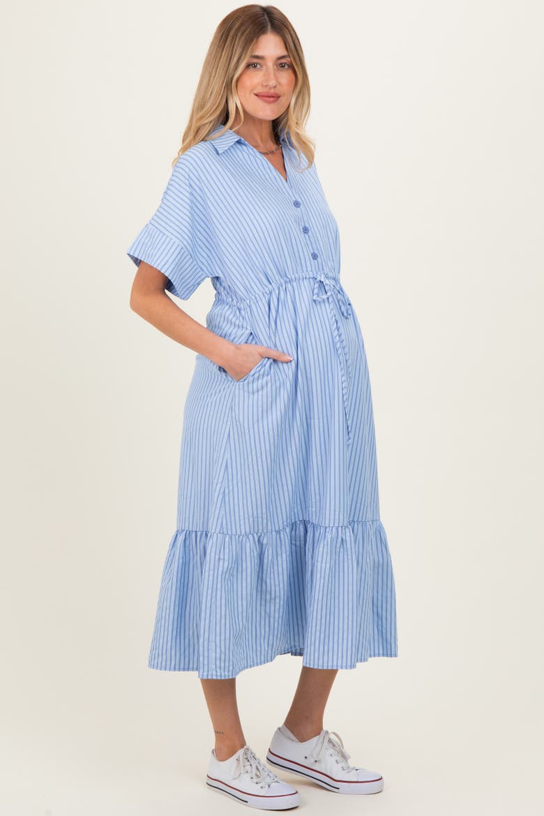 Blue Striped Button Collared Midi Dress, Alternate, color, Light Blue