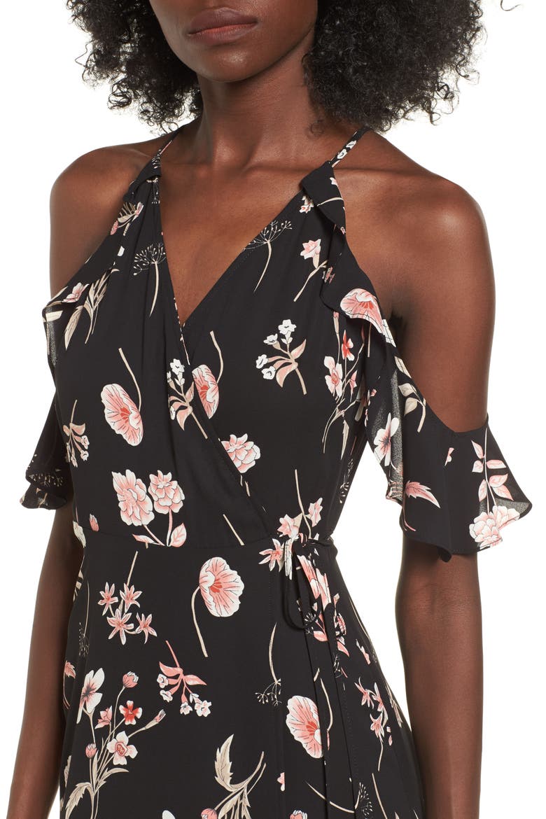 Floral Cold Shoulder Midi Dress, Alternate, color, BLACK BLUSH FLORAL