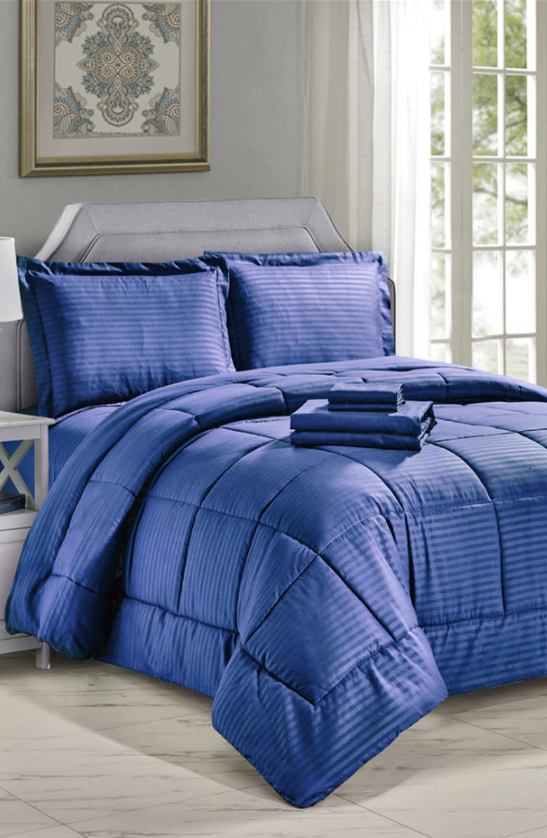 Luxury Home Embossed Stripe Microfiber 8-Piece Comforter Set, Alternate, color, Navy