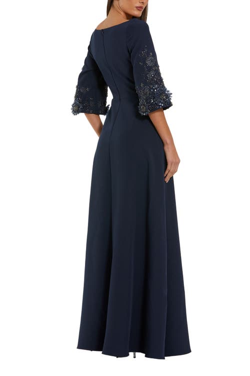 Mac Duggal Navy Crepe Gown With Floral Embellished Sleeves In Blue