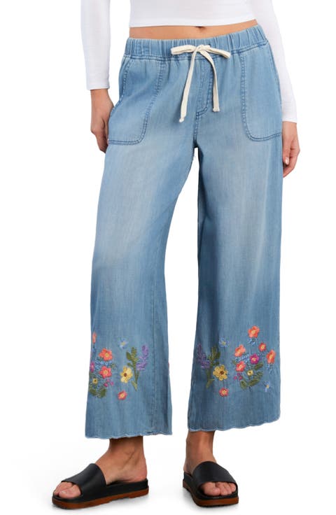 Floral Chain Embroidery Crop Denim Pants