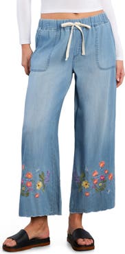 Billy T Floral Chain Embroidery Crop Denim Pants