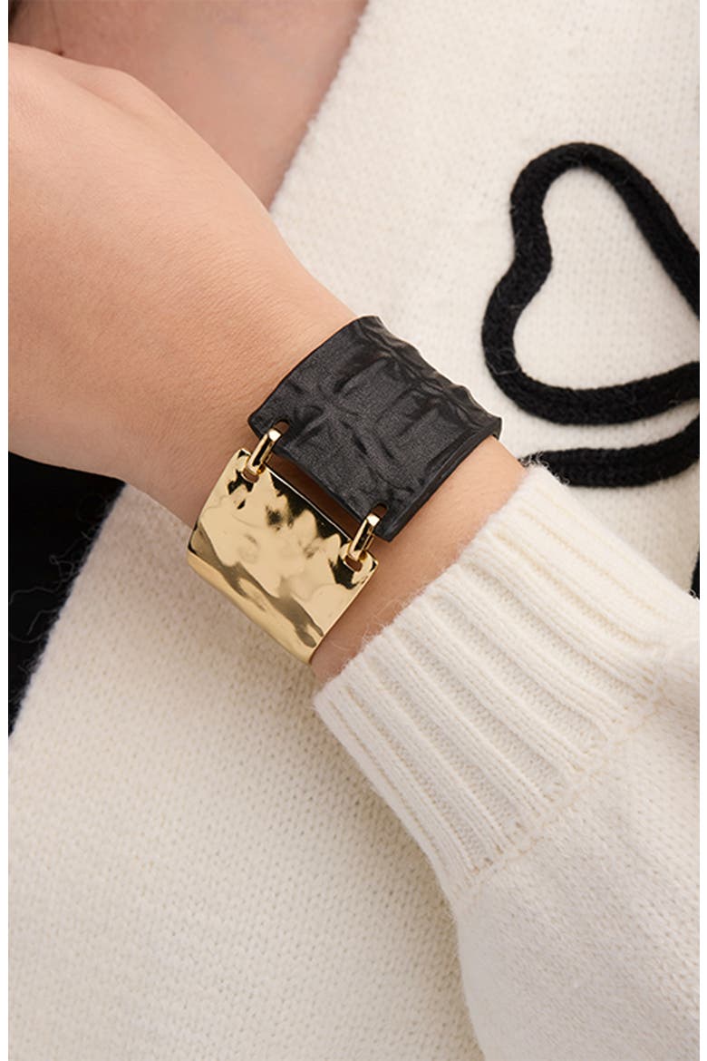 Hammered Metal & Leather Cuff Bracelet, Alternate, color, GOLD