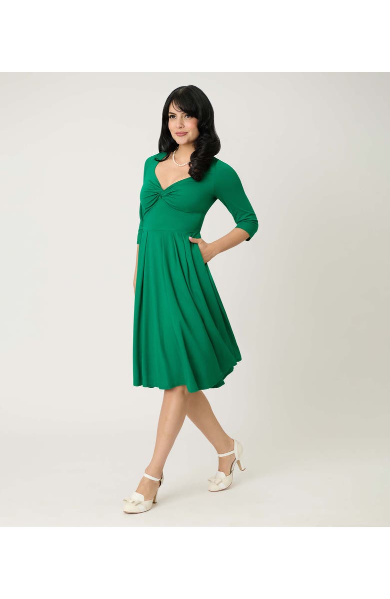 Unique Vintage 1950s Front Twist Swing Dress, Alternate, color, Solid Green
