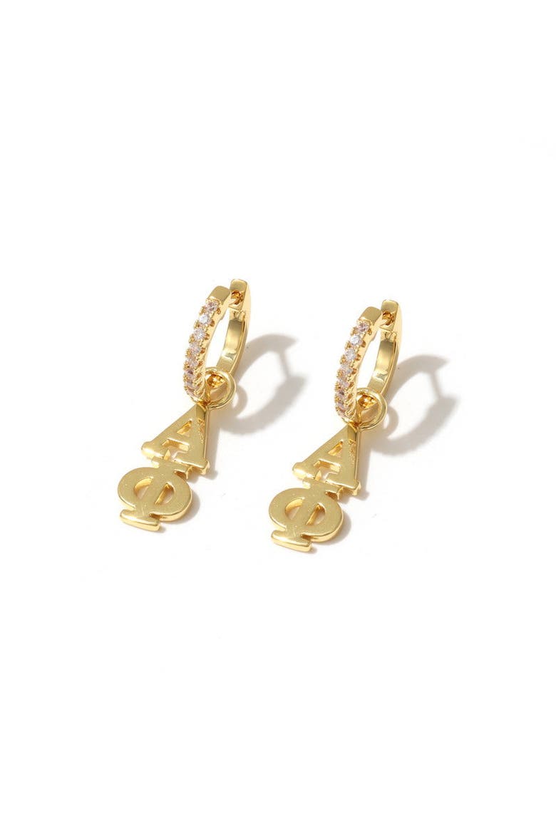Alpha Phi Greek Letter Huggie + Charm Earrings, Main, color, Yellow Gold