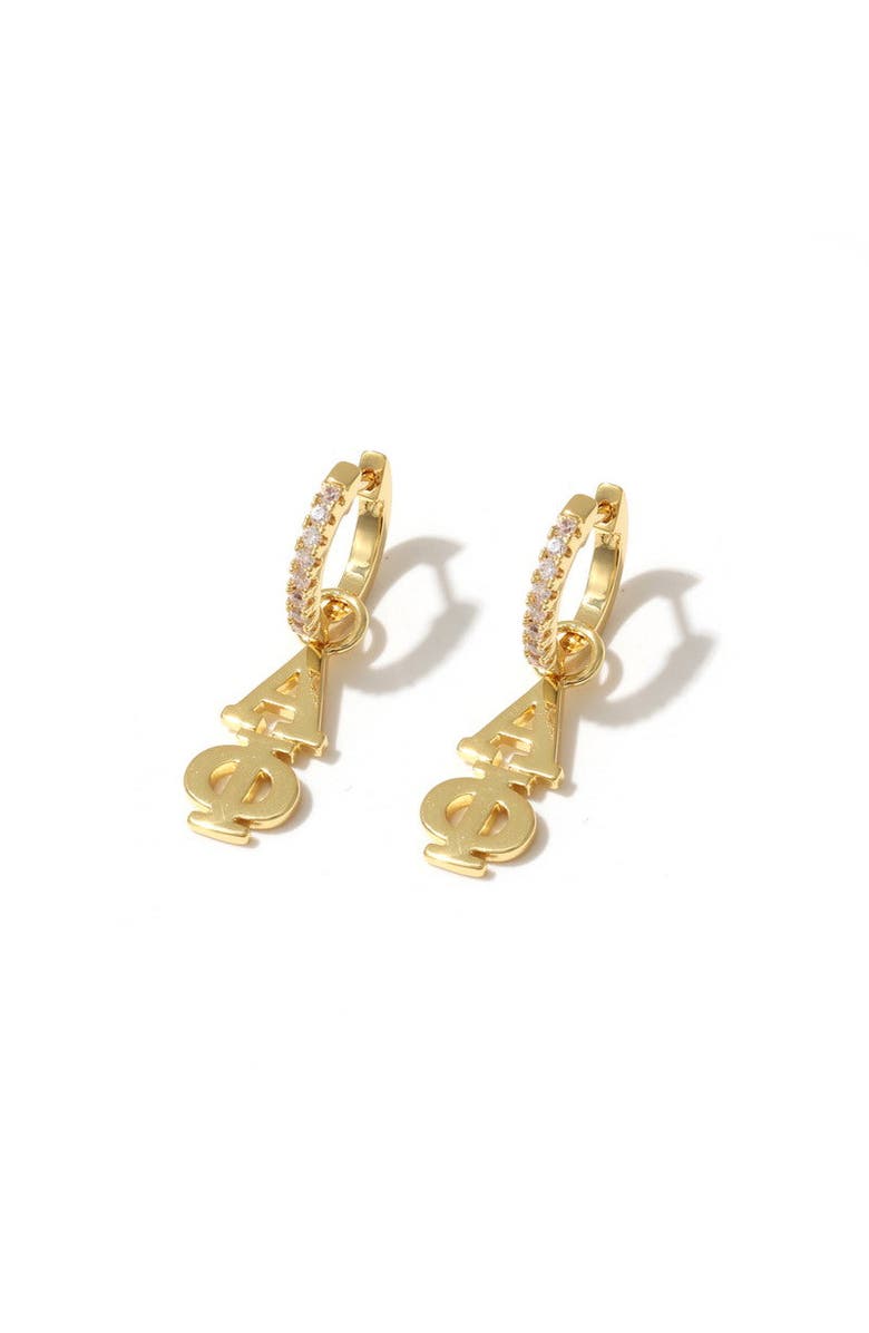 Color Shout Alpha Phi Greek Letter Huggie + Charm Earrings, Main, color, Yellow Gold