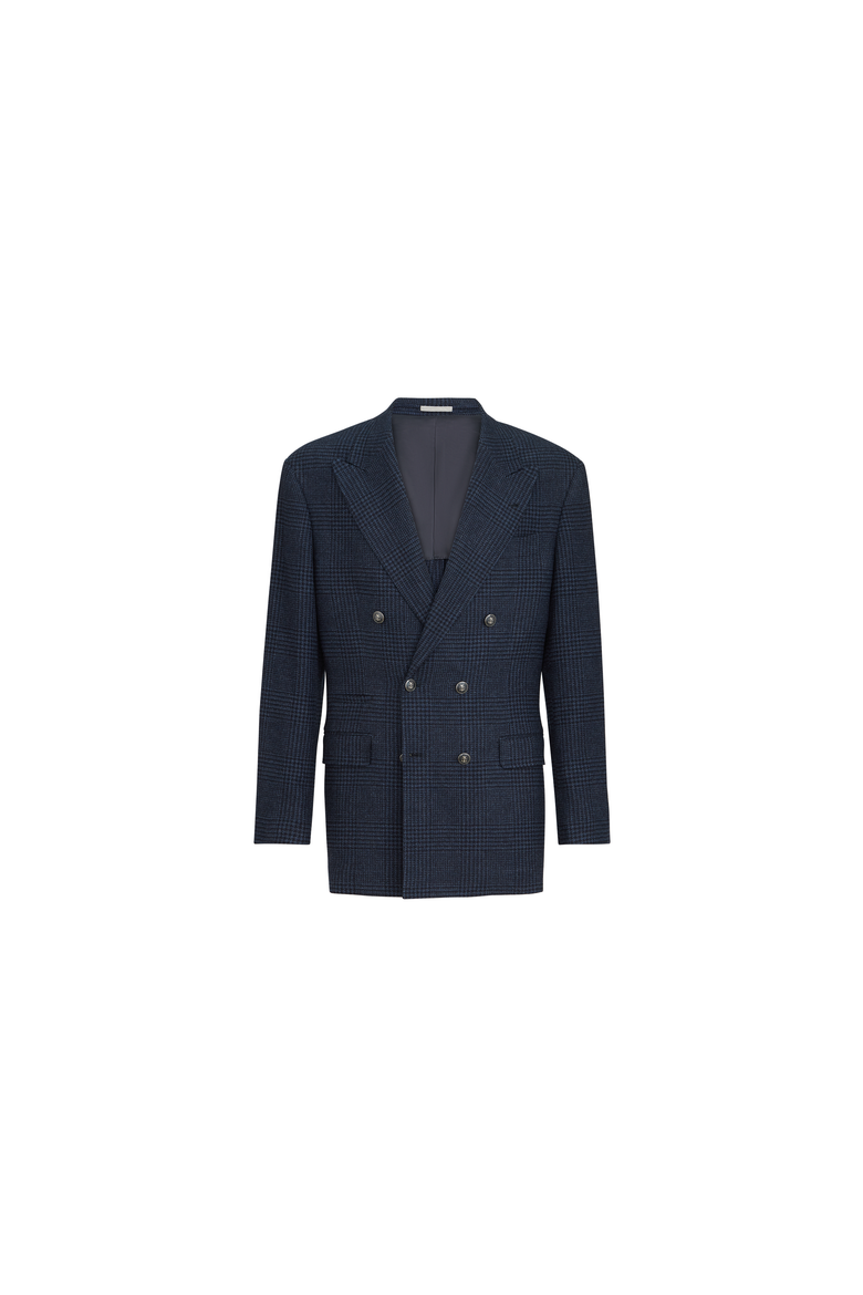 Comfort wool and cashmere Prince of Wales flannel one-and-a-half breasted Tailor blazer with metal buttons, Alternate, color, Blue