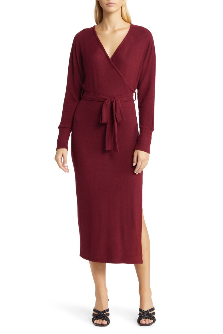 Long Sleeve Faux Wrap Midi Dress, Main, color, BURGUNDY