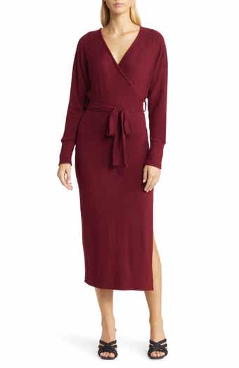 Loveappella Long Sleeve Faux Wrap Midi Dress