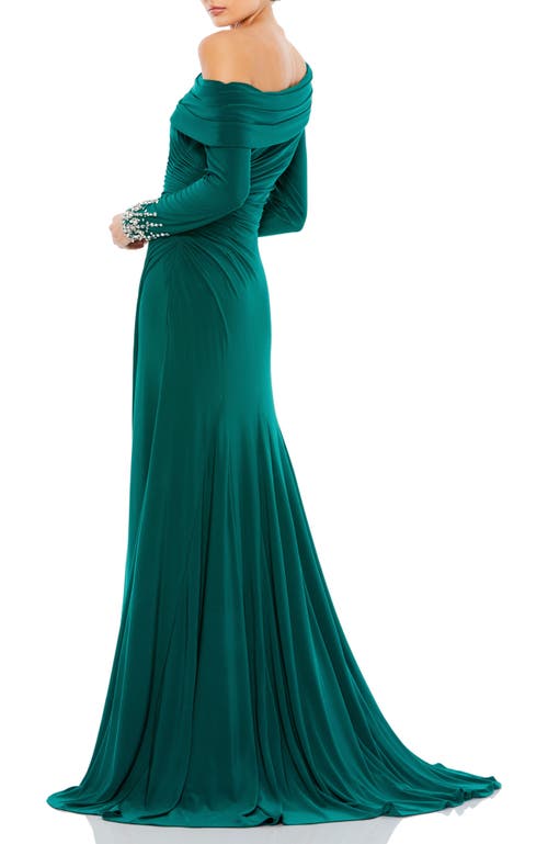 Mac Duggal One-shoulder Long Sleeve Jersey Gown In Emerald