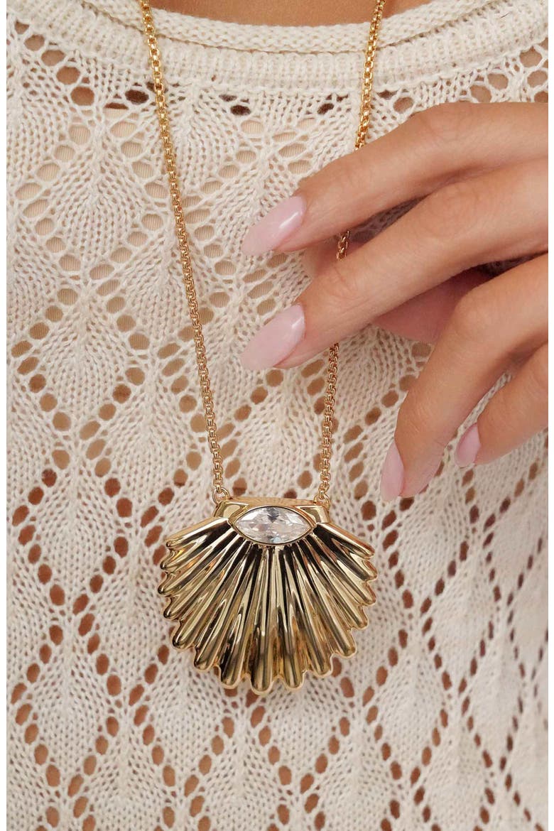 Cubic Zirconia Scalloped Shell Pendant Necklace, Alternate, color, GOLD