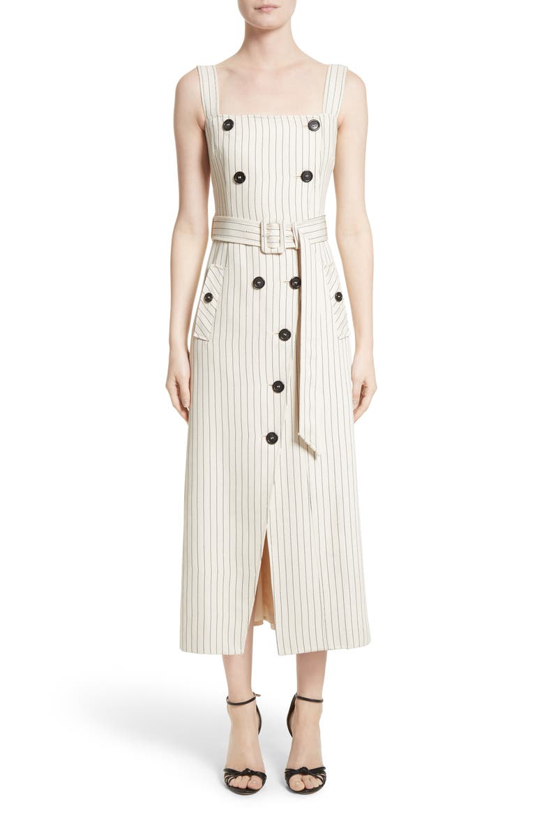 Audrey Button Detail Pinstripe Dress, Main, color, SAND