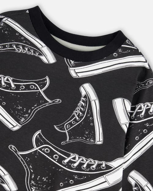 Deux Par Deux Long Sleeve Organic Cotton Allover Tee In Black
