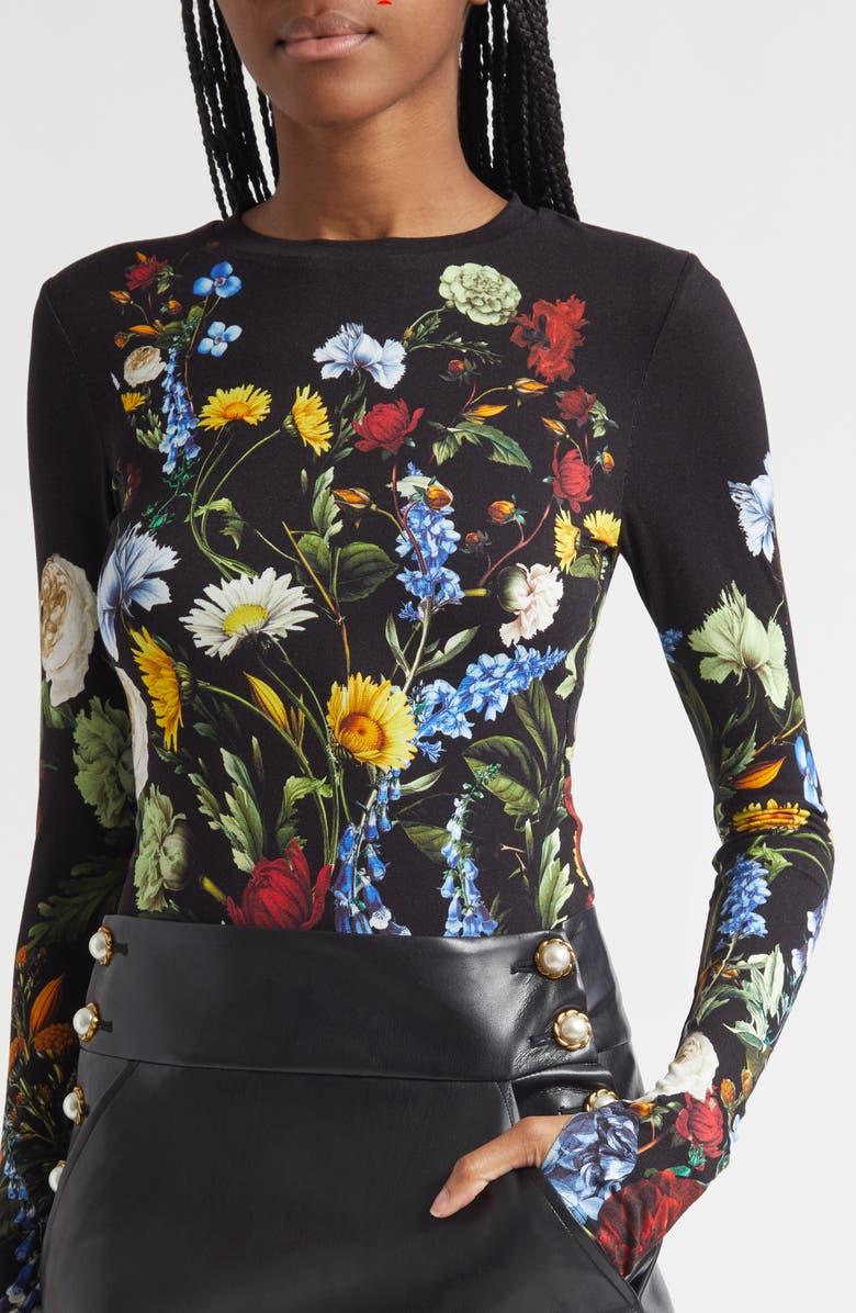 Alice + Olivia Olea Crewneck Long Sleeve Bodysuit, Alternate, color, Social Hour Black