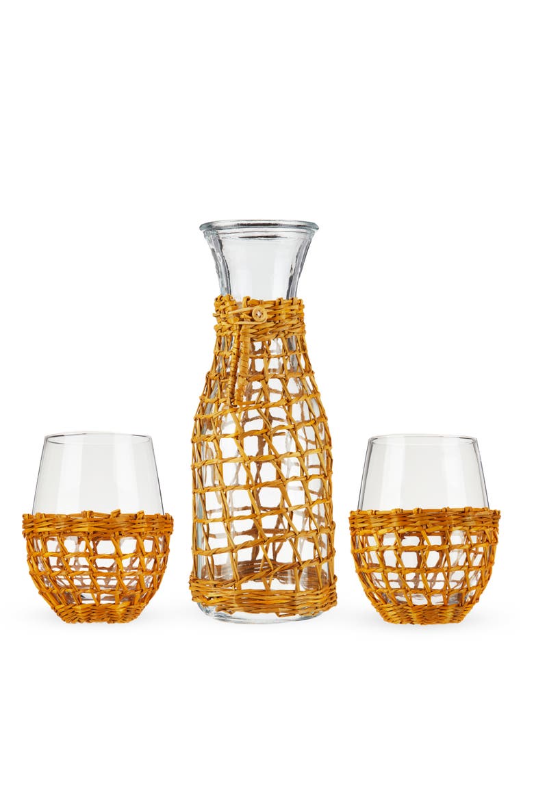 Island Carafe & Stemless Wine Glasses Set of 3, Alternate, color, Beige