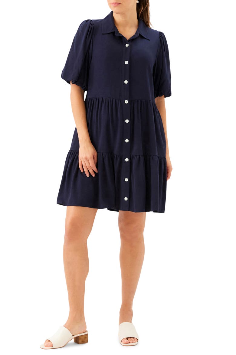 Tiered Puff Sleeve Shirtdress, Main, color, NAVY