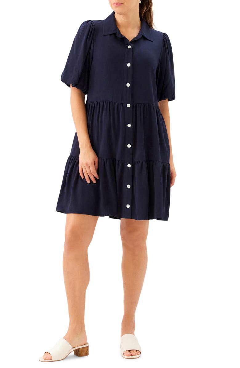 Karen Kane Tiered Puff Sleeve Shirtdress, Main, color, Navy